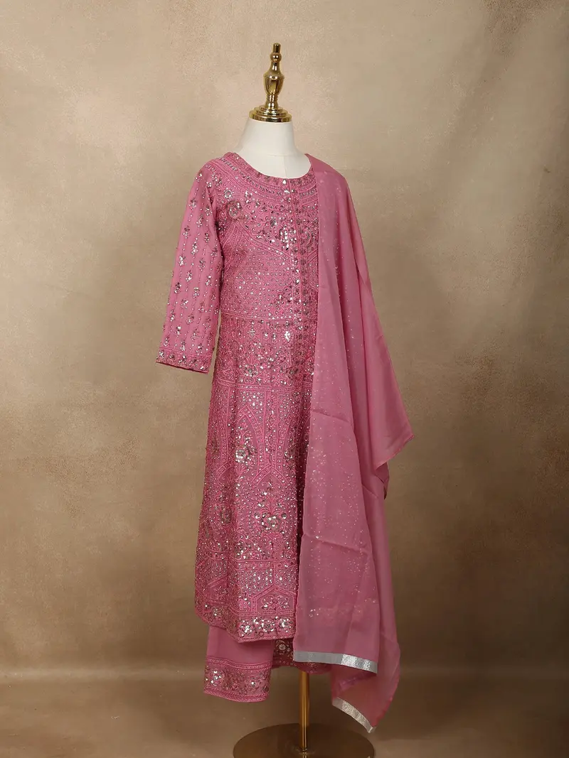 Baby Pink Mirror Embroidered Design Georgette Kids Palazzo Suit 4