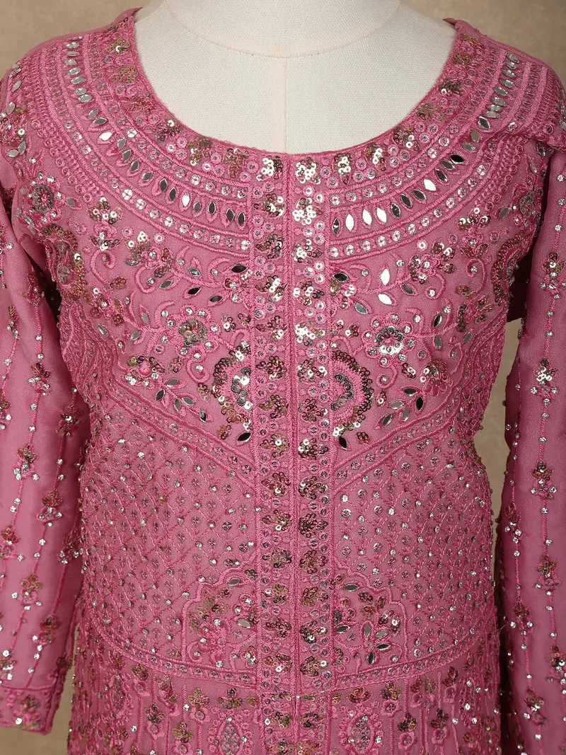 Baby Pink Mirror Embroidered Design Georgette Kids Palazzo Suit 5