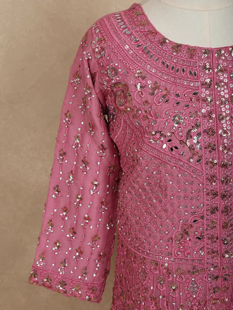 Baby Pink Mirror Embroidered Design Georgette Kids Palazzo Suit 6