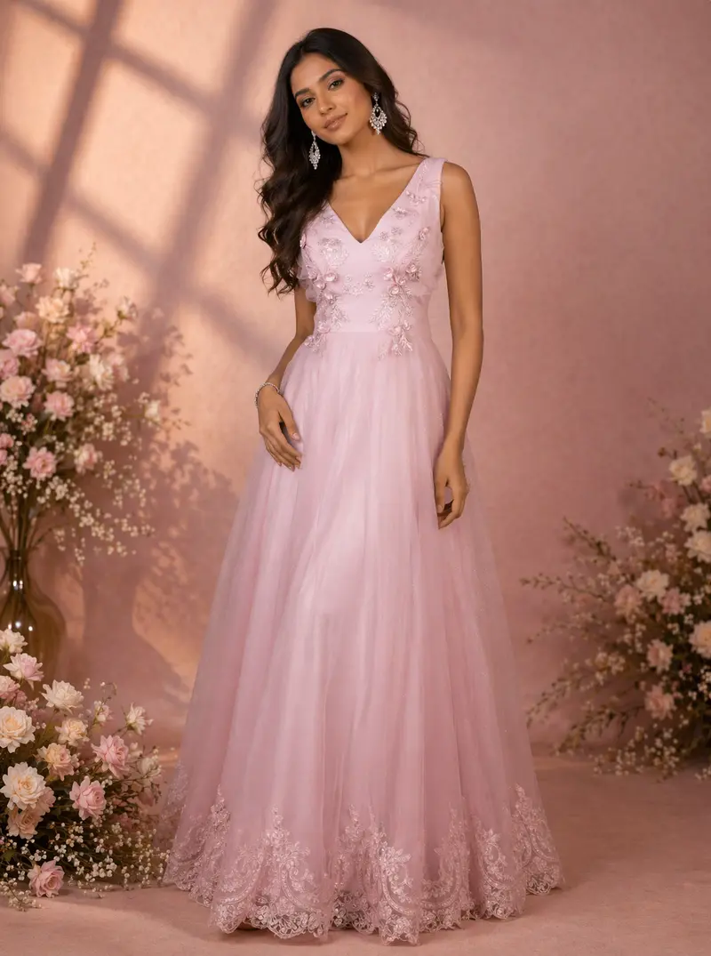 Baby Pink Net Floral Designed Bridesmaid Gown 1