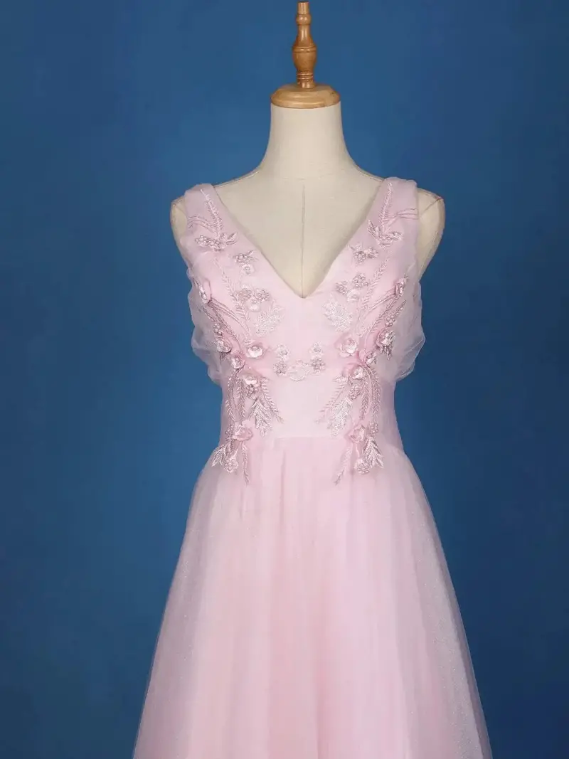 Baby Pink Net Floral Designed Bridesmaid Gown 2