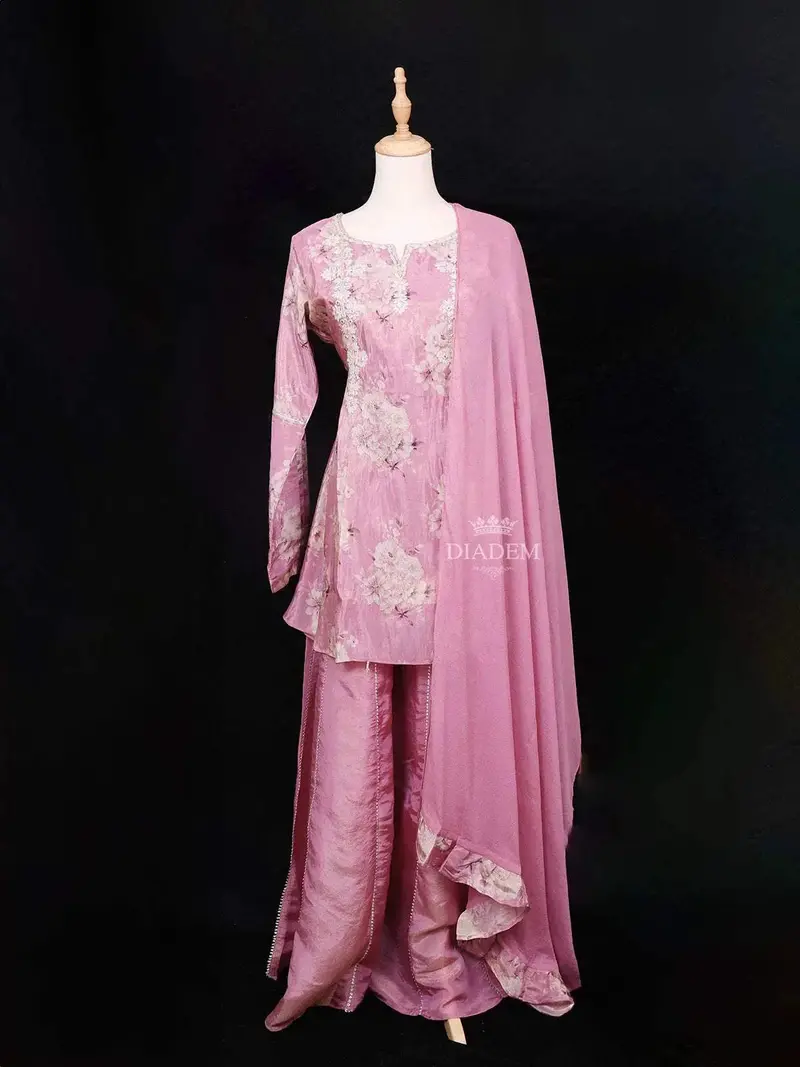 Baby Pink Palazzo Salwar Suit Adorned With Thread And Floral Prints Design With Dupatta 1