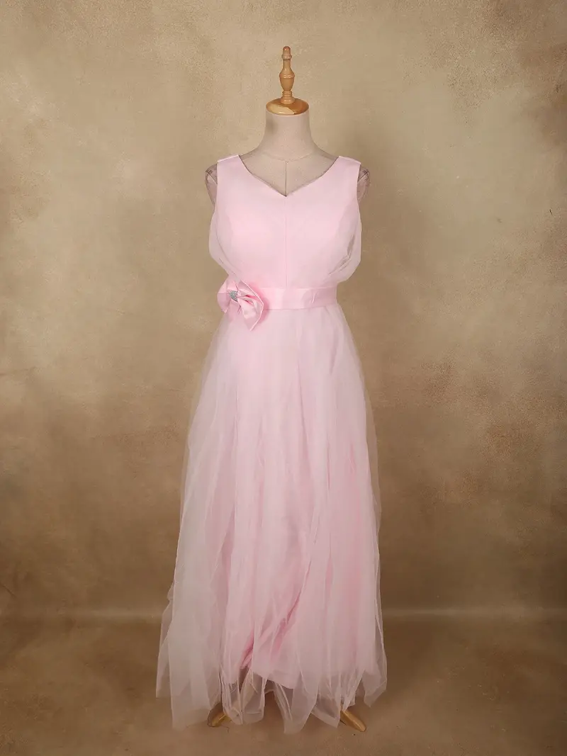 Baby Pink Pleated Design Net Party Wear Gown With Bow Waist Detail 1