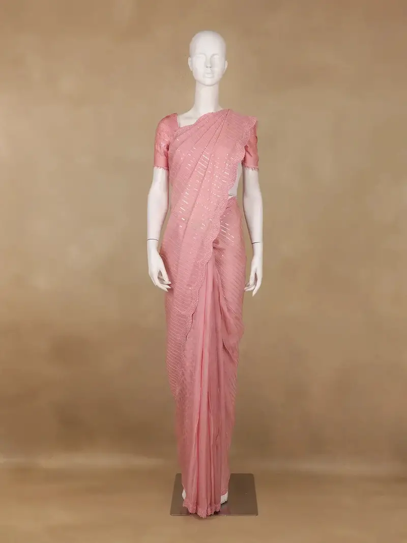 Baby Pink Sequin Embroidered Chiffon Saree With Scalloped Lace Border 1