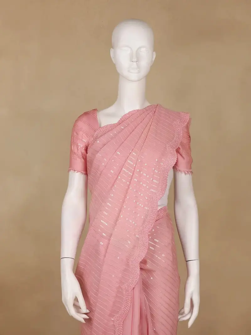 Baby Pink Sequin Embroidered Chiffon Saree With Scalloped Lace Border 2