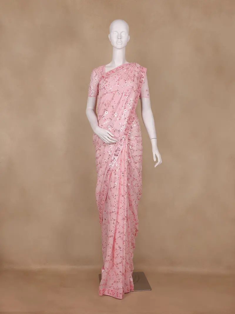 Baby Pink Sequin Embroidered Design Georgette Saree 1