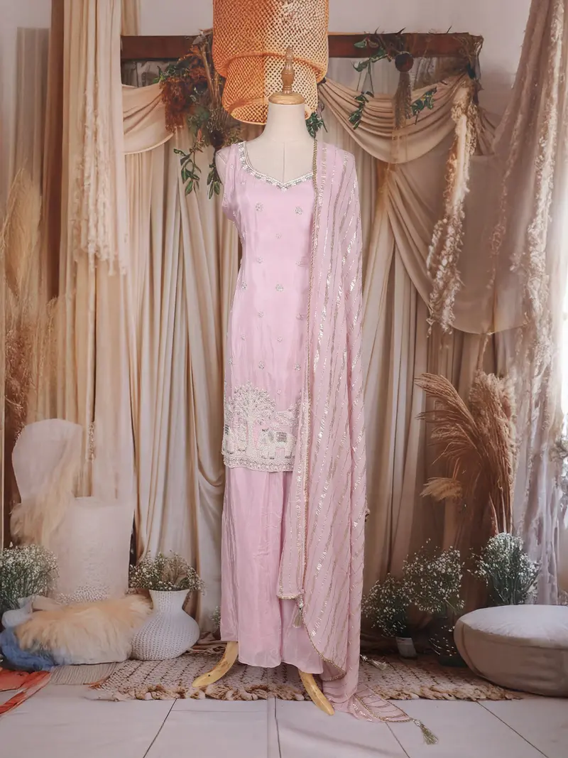 Baby Pink Sequin Embroidered Design Tissue Silk Palazzo Salwar Suit With Dupatta 1