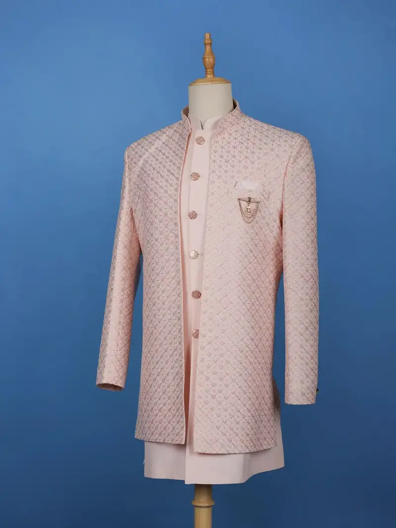 Baby Pink Sequin Embroidered Ikart Sherwani Suit 4