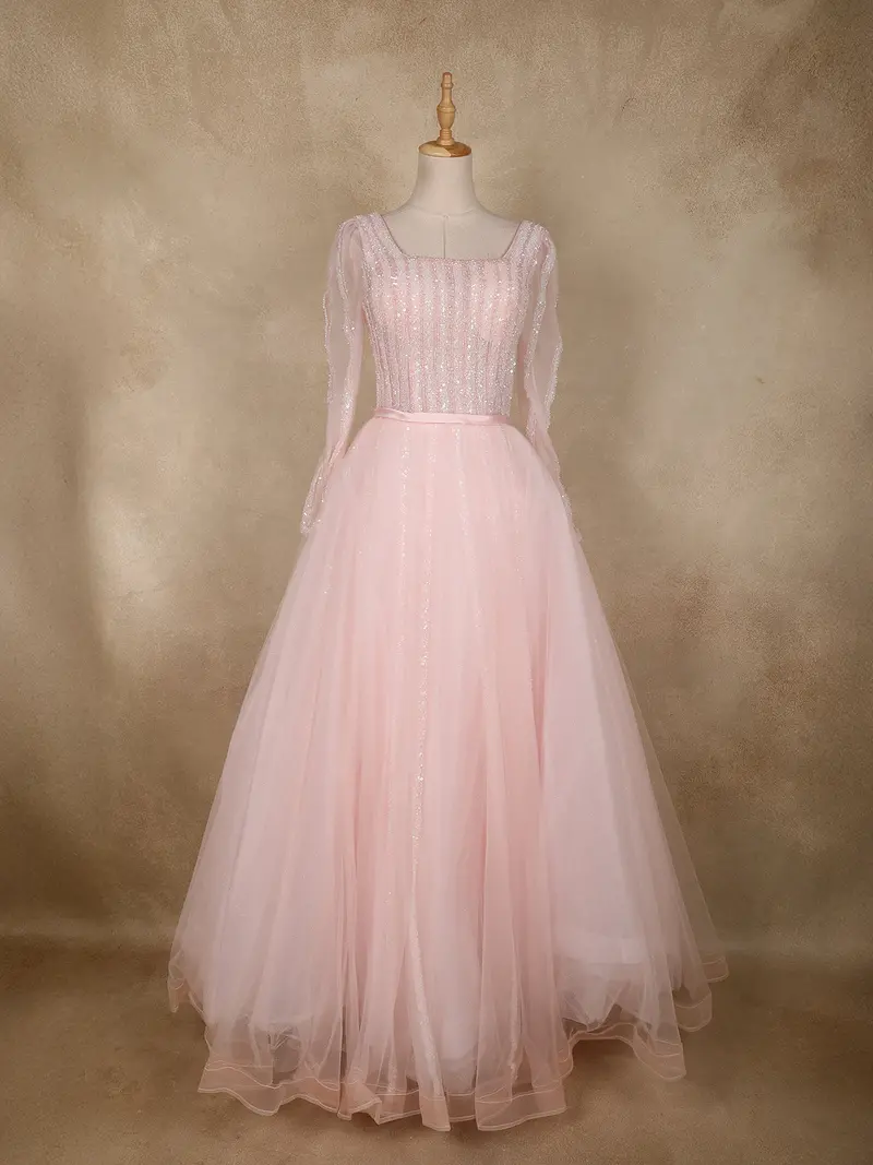 Baby Pink Sequins And Beads Design Net Gown 1