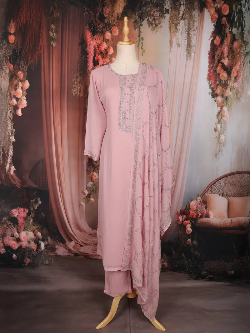 Baby Pink Stone Embellished Chiffon Salwar Suit With Dupatta 1
