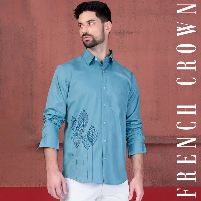 Baked Blue Leaves Hand Painted Subtle Sheen Super Soft Premium Cotton Designer Shirt 1