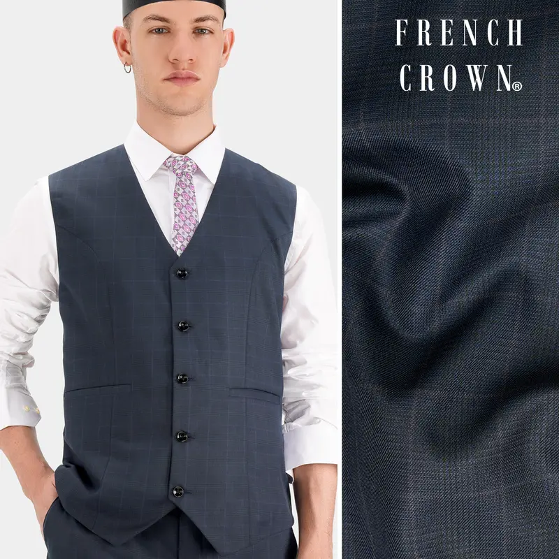 Baltic Blue Checkered Wool Rich Waistcoat 1