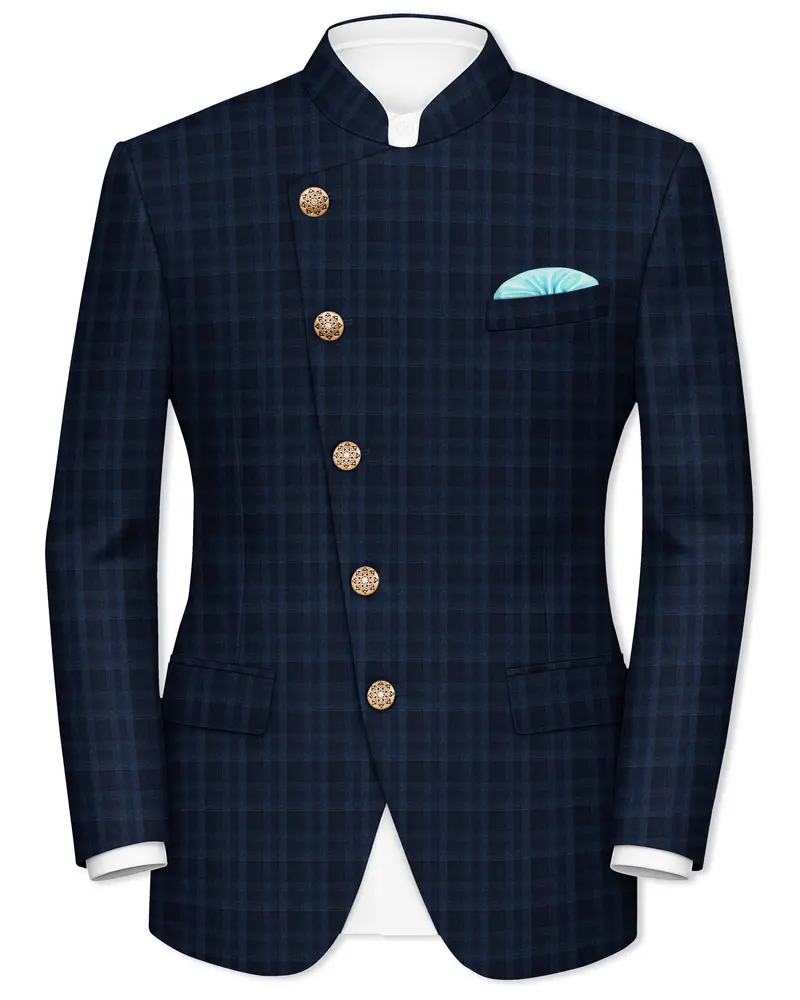 Baltic Blue Plaid Wool Rich Cross Placket Bandhgala Blazer 1