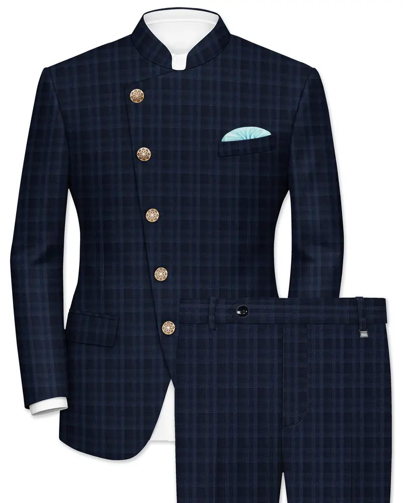 Baltic Blue Plaid Wool Rich Cross Placket Bandhgala Suit 1