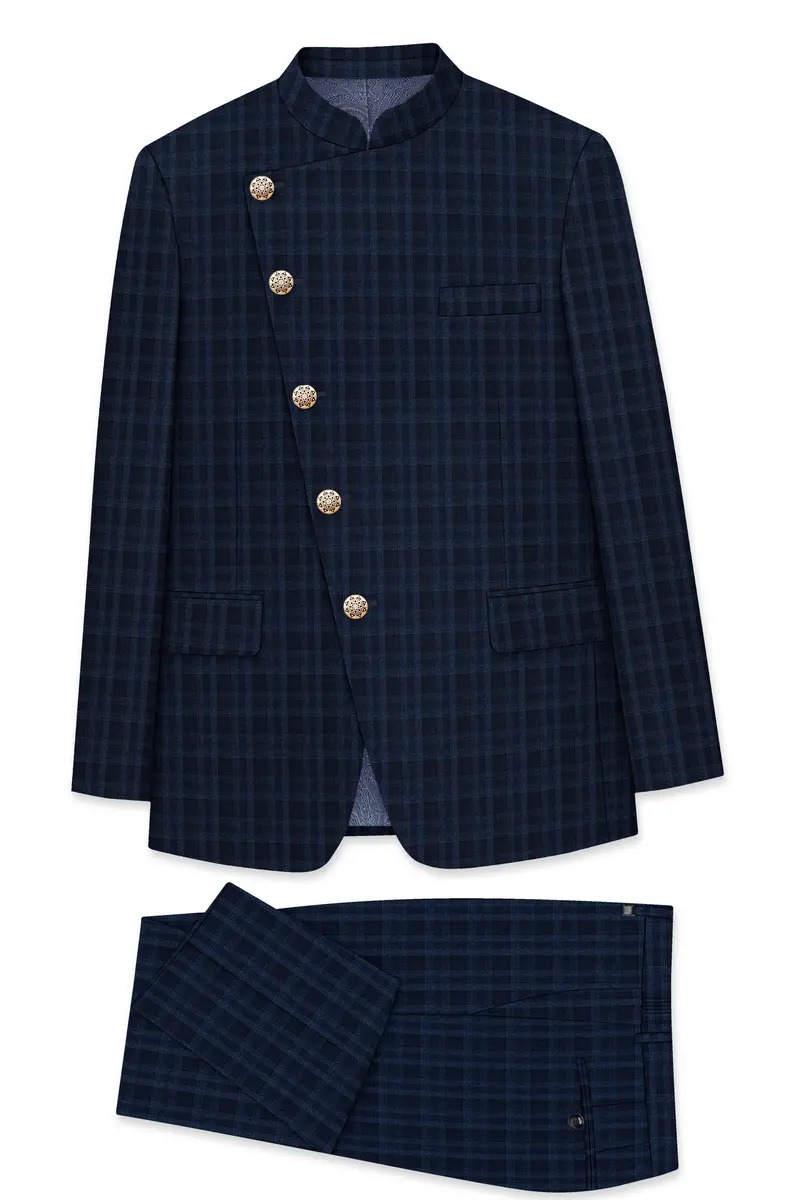 Baltic Blue Plaid Wool Rich Cross Placket Bandhgala Suit 10
