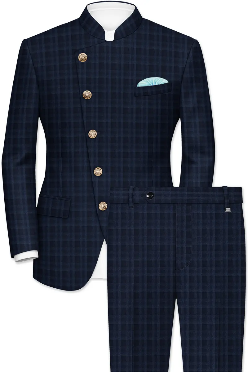 Baltic Blue Plaid Wool Rich Cross Placket Bandhgala Suit 2