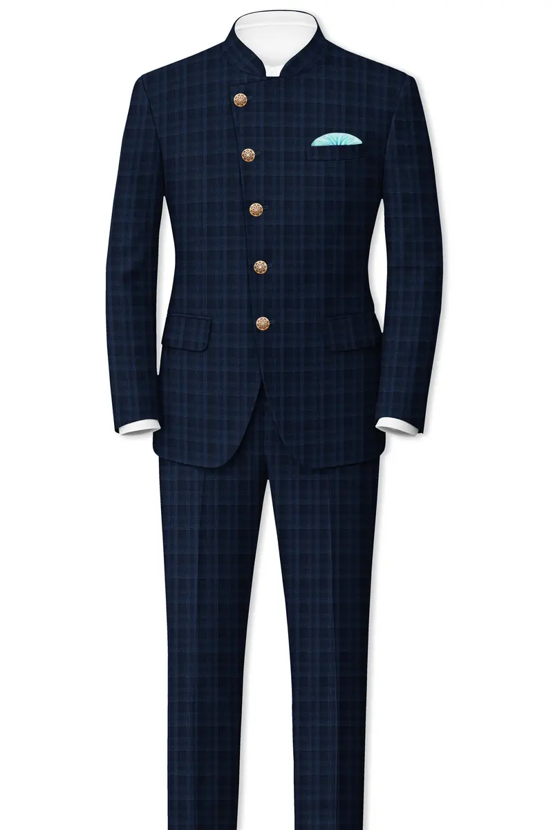 Baltic Blue Plaid Wool Rich Cross Placket Bandhgala Suit 4
