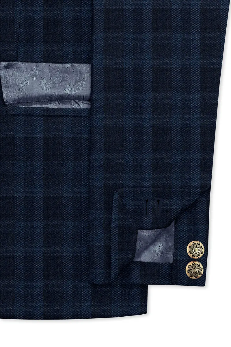 Baltic Blue Plaid Wool Rich Cross Placket Bandhgala Suit 6