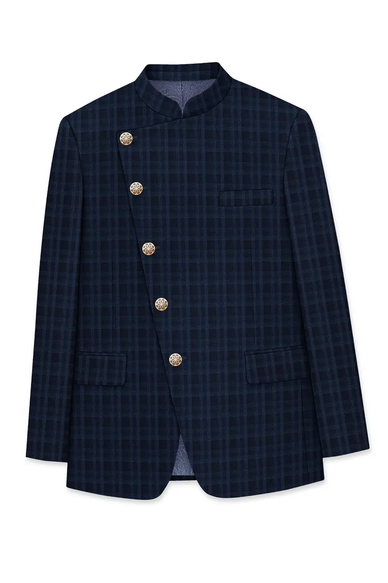 Baltic Blue Plaid Wool Rich Cross Placket Bandhgala Suit 7