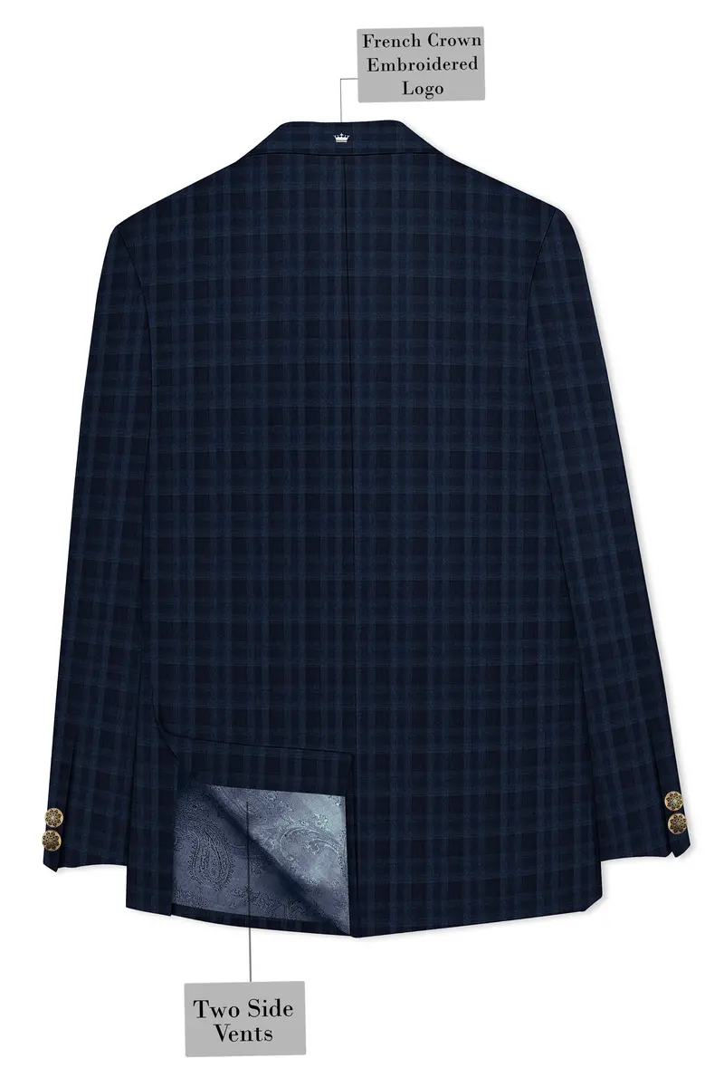 Baltic Blue Plaid Wool Rich Cross Placket Bandhgala Suit 8