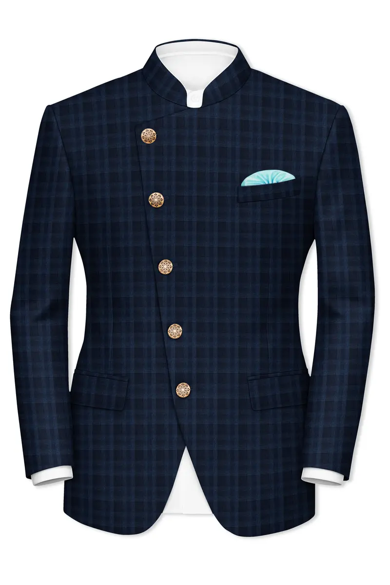 Baltic Blue Plaid Wool Rich Cross Placket Bandhgala Suit 9