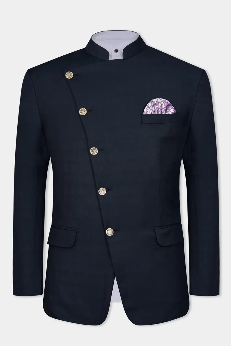 Baltic Blue Subtle Checkered Cross Placket Bandhgala Wool Rich Blazer 2