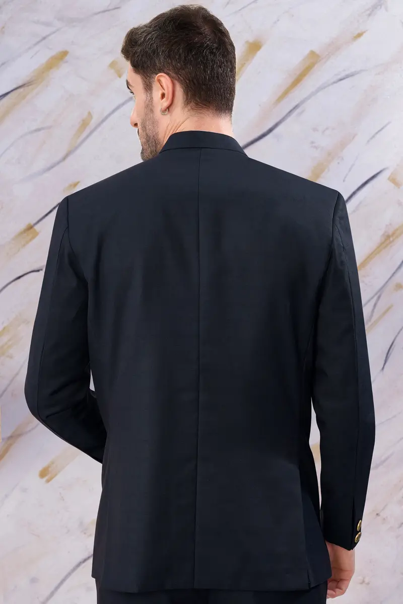 Baltic Blue Subtle Checkered Cross Placket Bandhgala Wool Rich Blazer 5