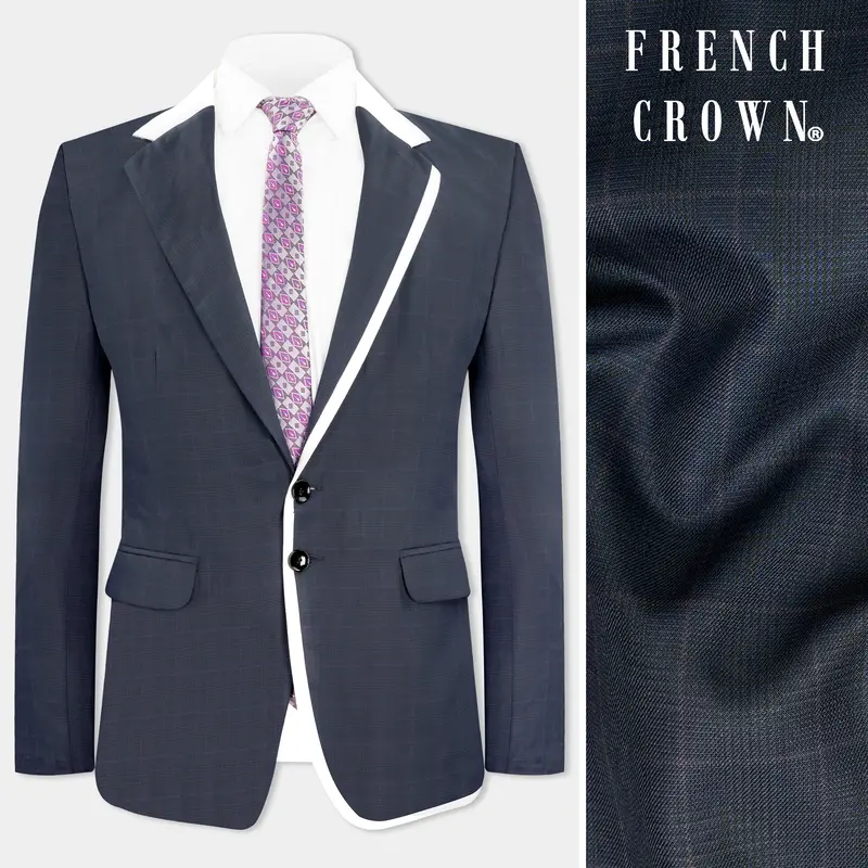 Baltic Blue With White Piping Work And Checkered Wool Rich Designer Blazer 1