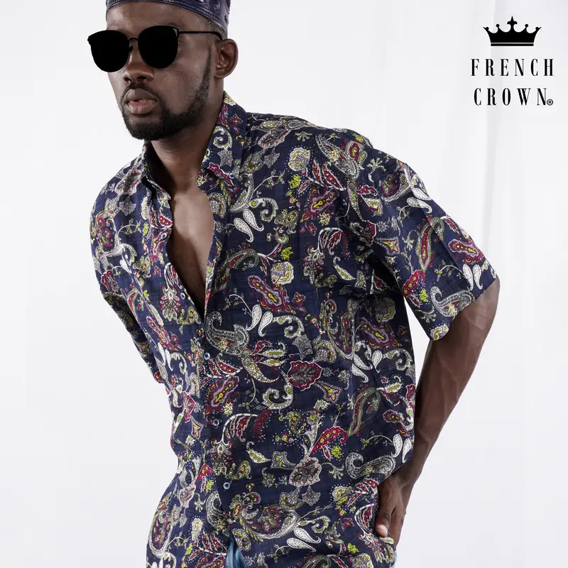 Baltic Blue With Wine Berry Funky Printed Lightweight Premium Cotton Oversized Shirt 1