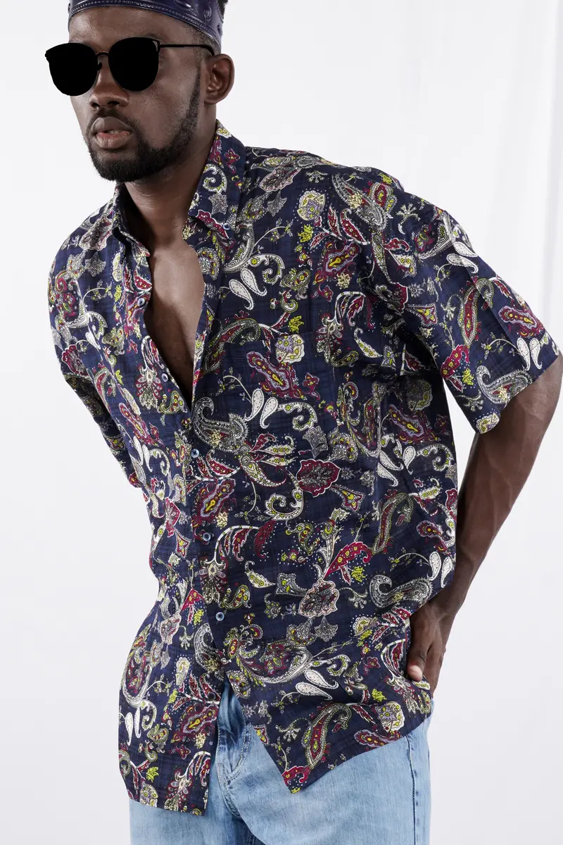 Baltic Blue With Wine Berry Funky Printed Lightweight Premium Cotton Oversized Shirt 2