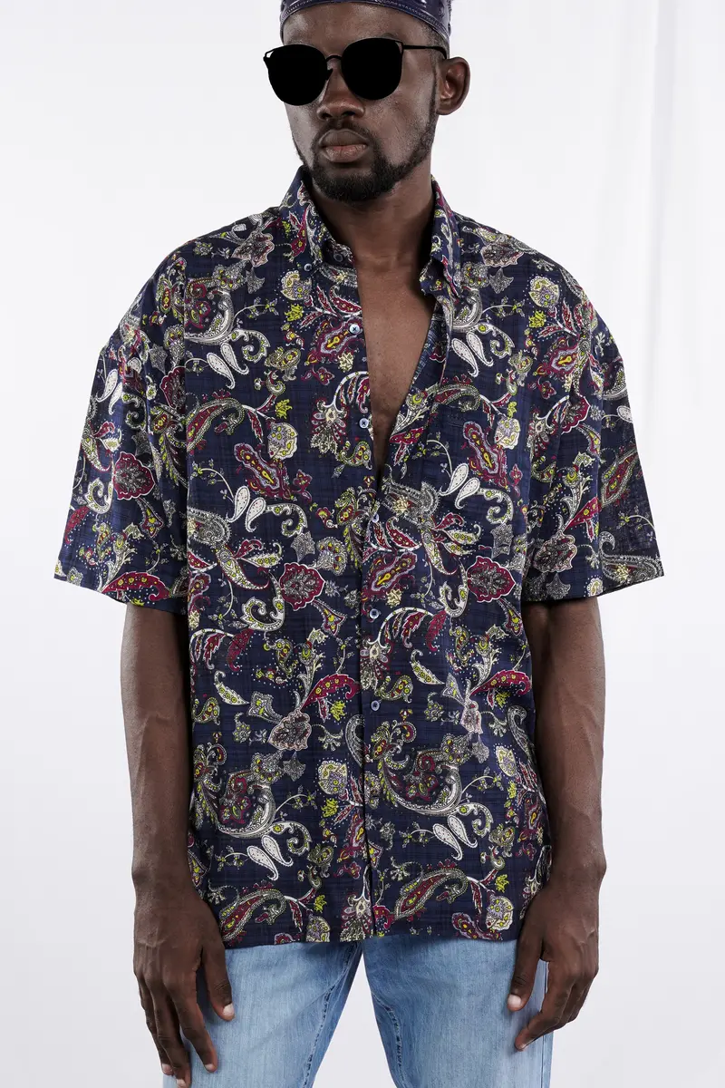 Baltic Blue With Wine Berry Funky Printed Lightweight Premium Cotton Oversized Shirt 8