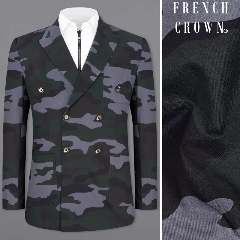 Baltic Green With Pale Gray Camouflage Premium Cotton Double Breasted Designer Sports Blazer 1