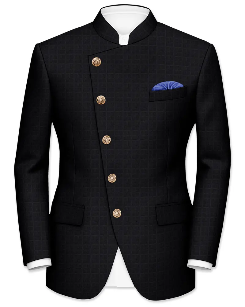 Baltic Sea Black Subtle Plaid Cross Placket Bandhgala Blazer 1