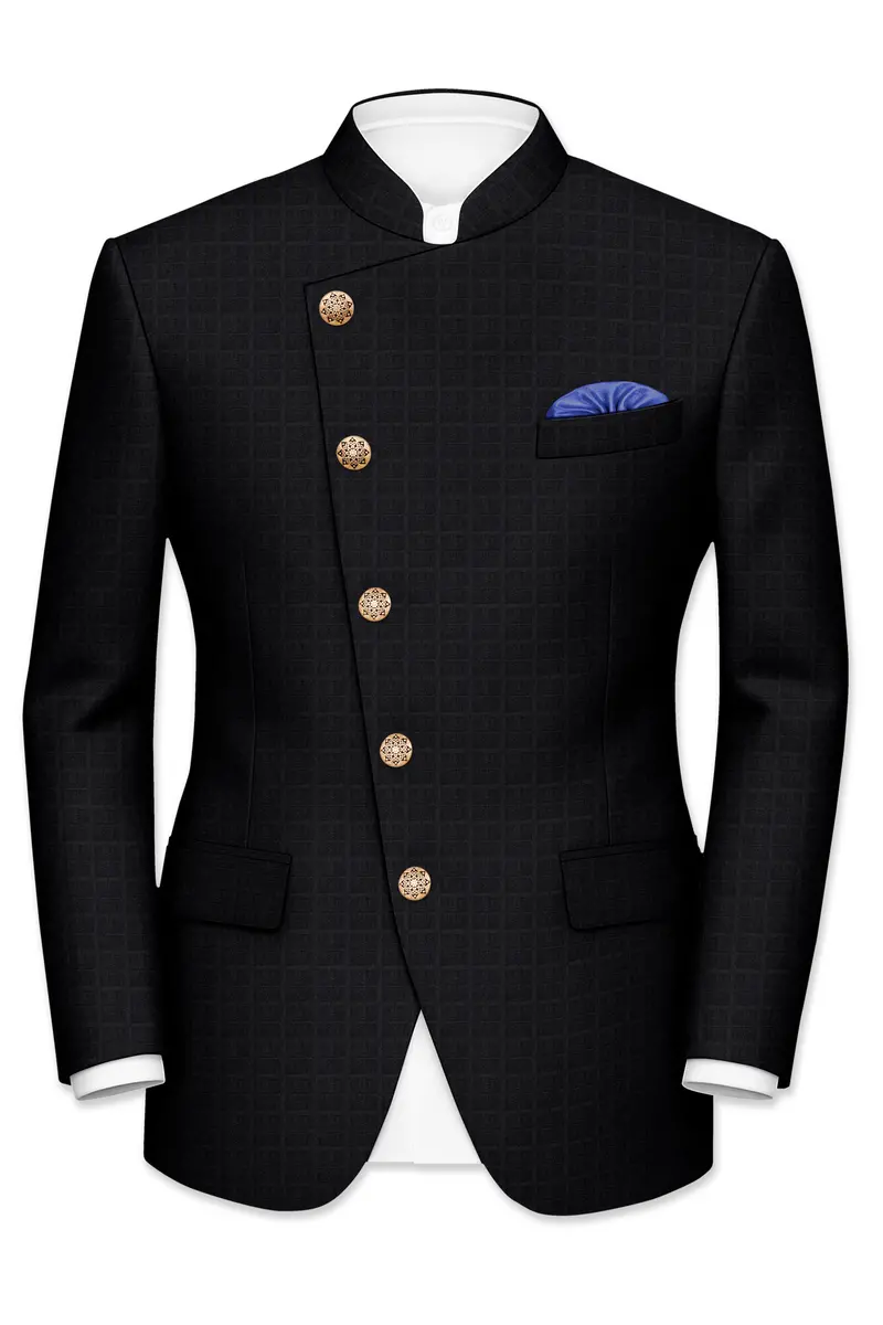 Baltic Sea Black Subtle Plaid Cross Placket Bandhgala Blazer 2