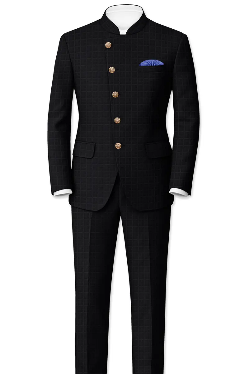 Baltic Sea Black Subtle Plaid Cross Placket Bandhgala Blazer 4