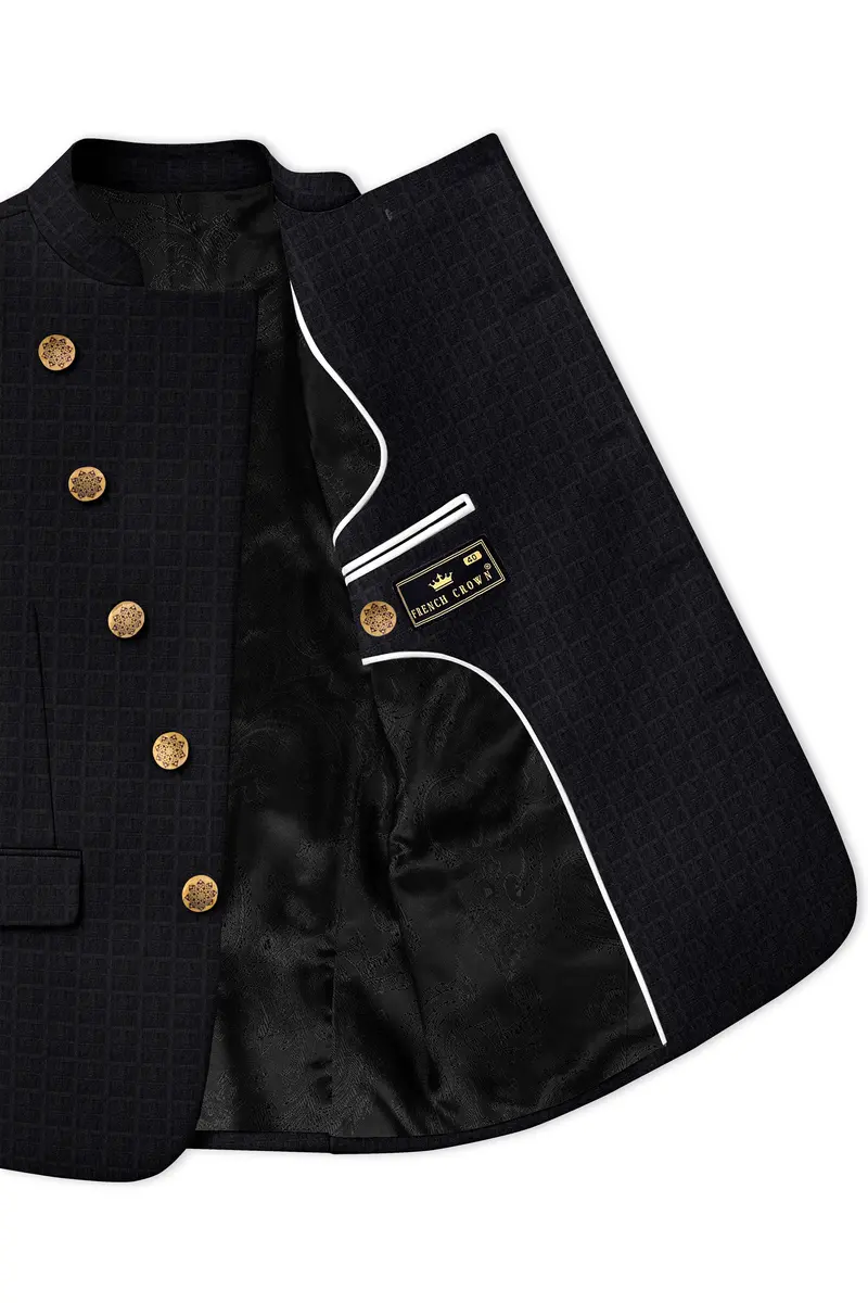 Baltic Sea Black Subtle Plaid Cross Placket Bandhgala Blazer 5