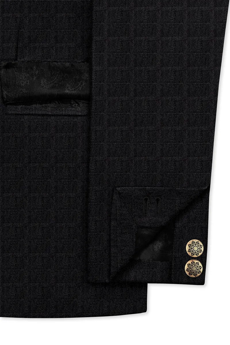 Baltic Sea Black Subtle Plaid Cross Placket Bandhgala Blazer 6
