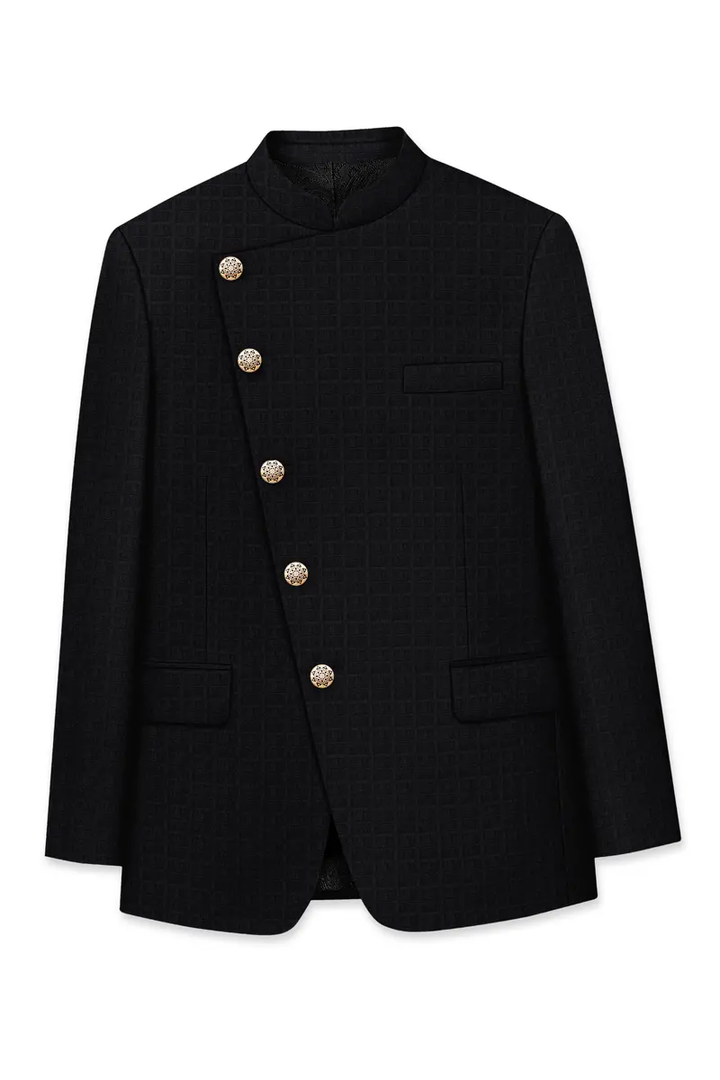 Baltic Sea Black Subtle Plaid Cross Placket Bandhgala Blazer 7