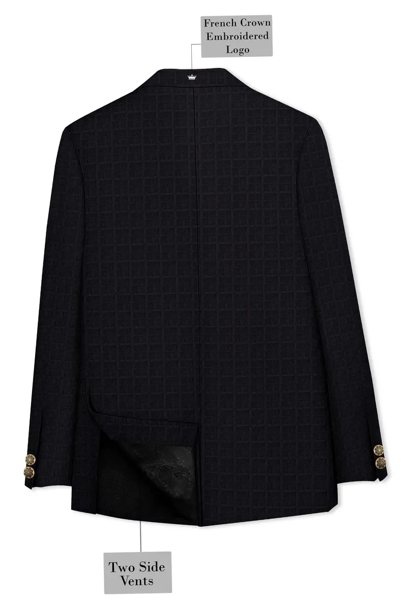Baltic Sea Black Subtle Plaid Cross Placket Bandhgala Blazer 8