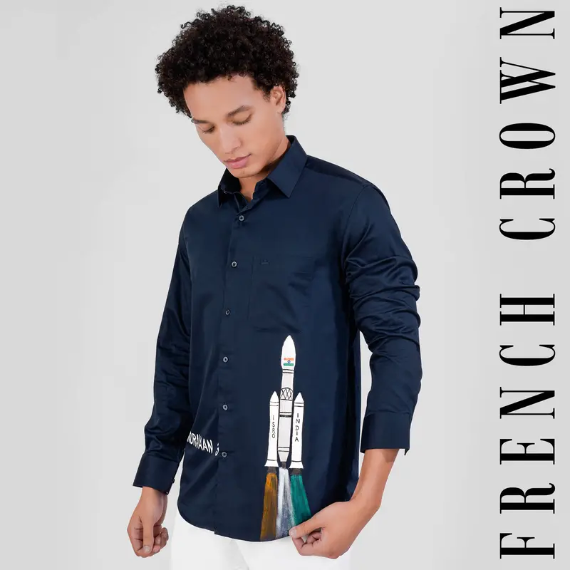 Baltic Sea Blue Chandrayaan-3 Hand-Painted Super Soft Premium Cotton Designer Shirt 1
