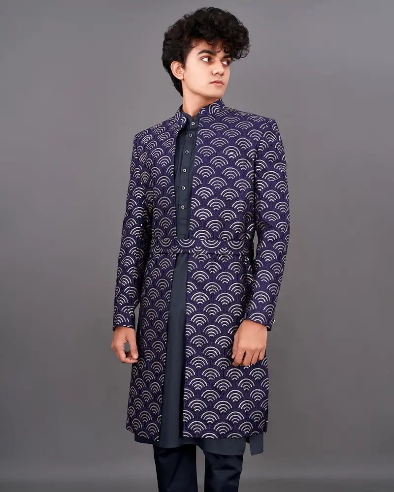 Baltic Sea Blue Sequence Embroidered  Sherwani With Kurta And Pants Set 1