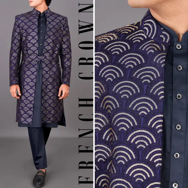 Baltic Sea Blue Sequence Embroidered Sherwani With Kurta And Pants Set 1