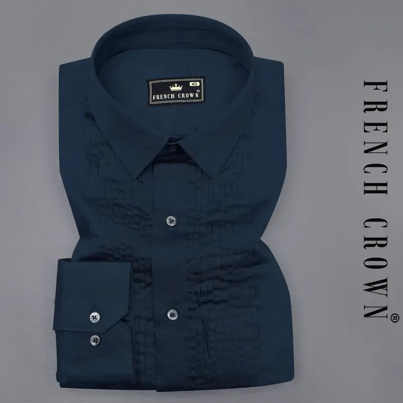 Baltic Sea Blue Subtle Sheen Snake Pleated Super Soft Premium Cotton Tuxedo Shirt 1