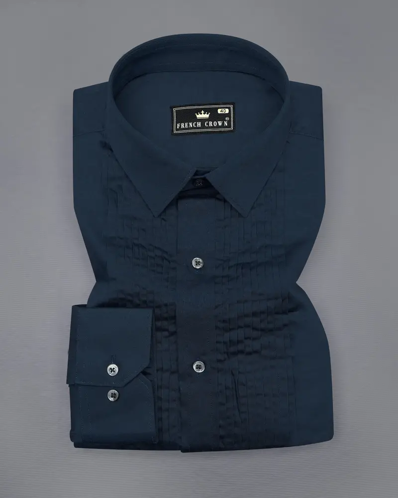 Baltic Sea Blue Subtle Sheen Snake Pleated Super Soft Premium Cotton Tuxedo Shirt 2