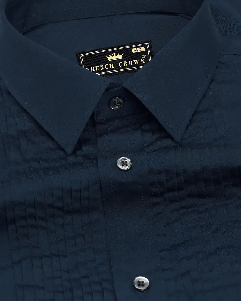 Baltic Sea Blue Subtle Sheen Snake Pleated Super Soft Premium Cotton Tuxedo Shirt 4