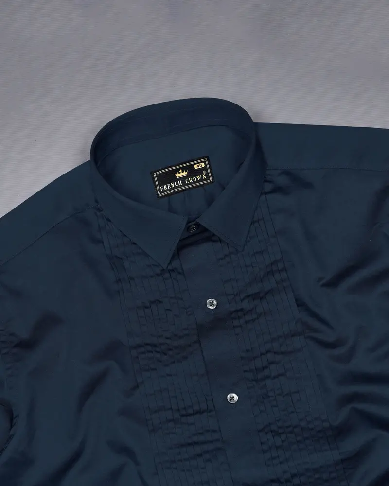 Baltic Sea Blue Subtle Sheen Snake Pleated Super Soft Premium Cotton Tuxedo Shirt 5