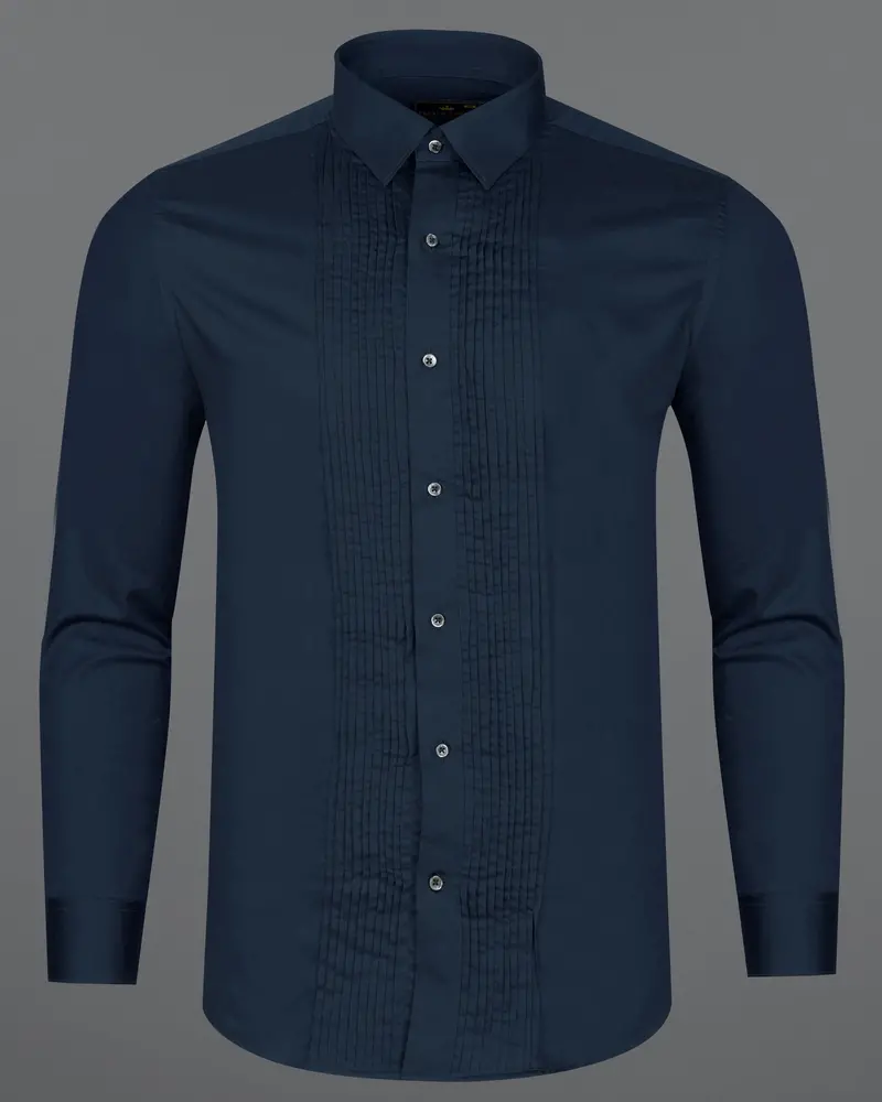 Baltic Sea Blue Subtle Sheen Snake Pleated Super Soft Premium Cotton Tuxedo Shirt 6