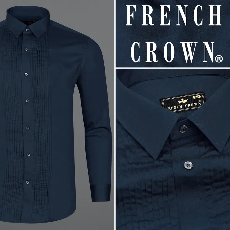 Baltic Sea Blue Subtle Sheen Snake Pleated Super Soft Premium Cotton Tuxedo Shirt 9