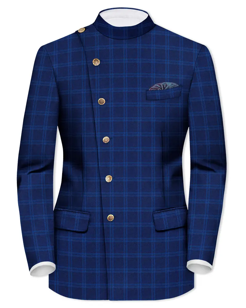 Baltic Sea Blue Windowpane Cross Placket Bandhgala Blazer 1