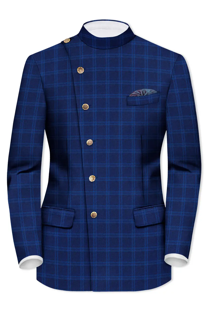 Baltic Sea Blue Windowpane Cross Placket Bandhgala Blazer 2